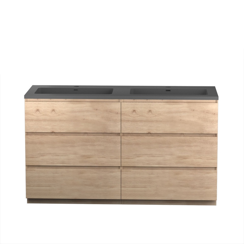 Meuble-lavabo de Plancher Berlin 60" Chêne Contemporain avec Dessus Double en Quartz Noir