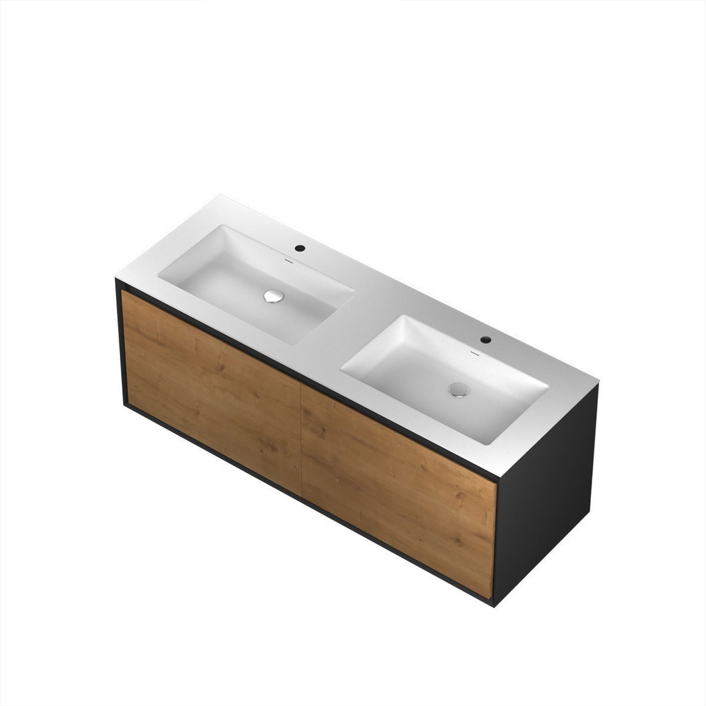 Meuble-lavabo Mural Dakar 60" Double Noir Mat et Façades en Chêne Naturel Texturé avec Choix de Dessus