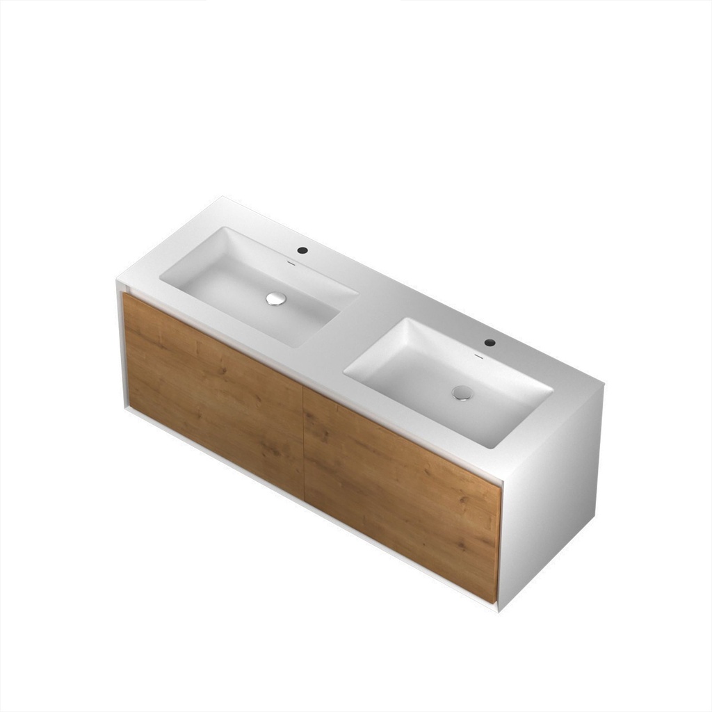 Meuble-lavabo Mural Dakar 60" Double Blanc Mat et Façades en Chêne Naturel Texturé avec Choix de Dessus