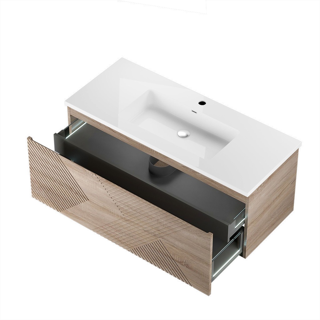 Meuble-lavabo Mural Omaha 48" Chêne Blanc avec Tiroirs Led et Choix de Dessus