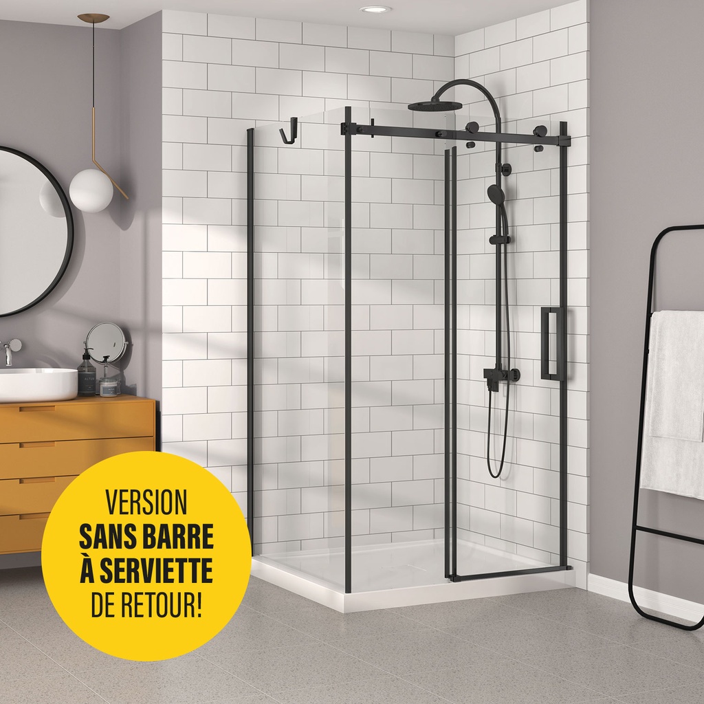 Porte de douche Bellini noir mat 48x36" en coin avec fermeture sur mur sans barre à serviette