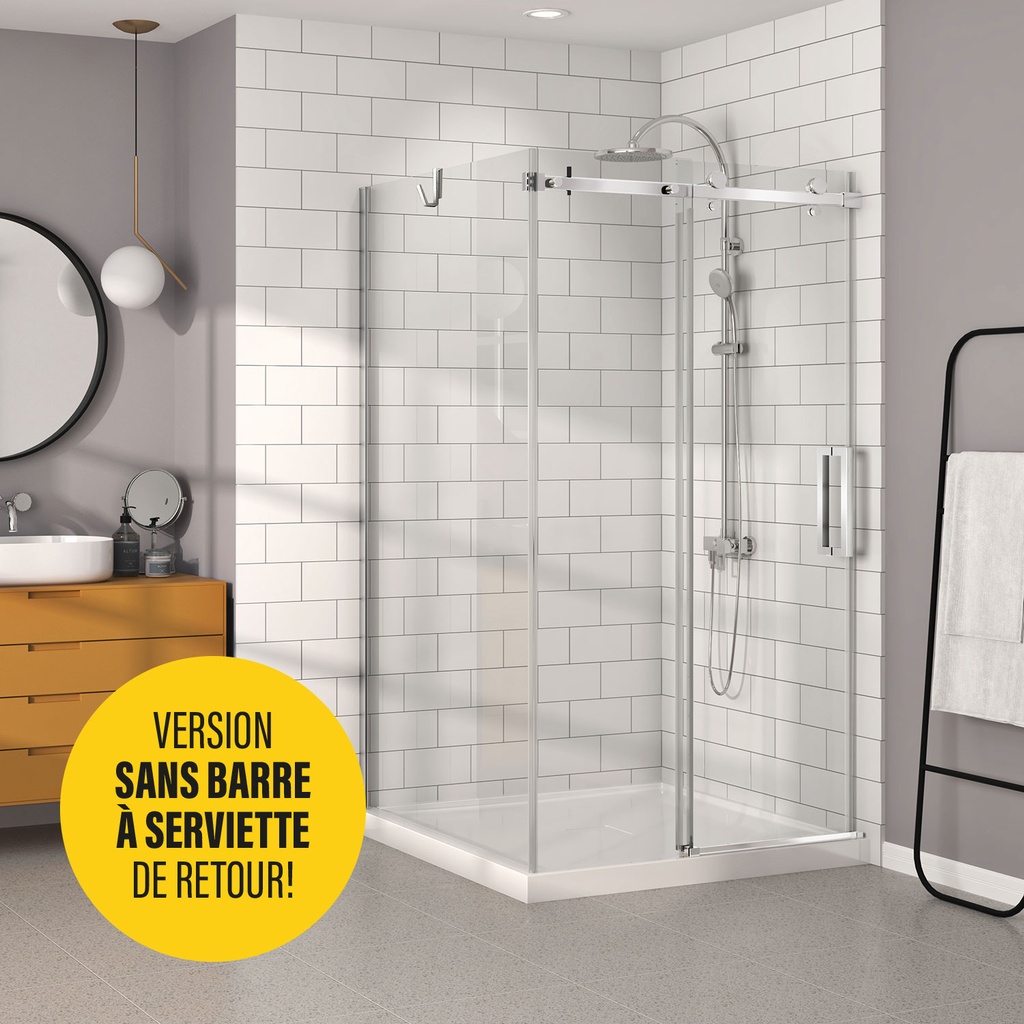 Porte de douche Bellini chrome 48x42" en coin avec fermeture sur mur sans barre à serviette