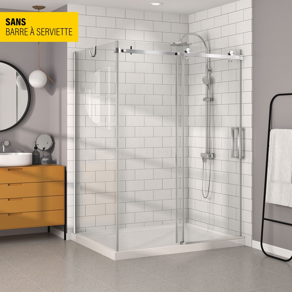 Porte de douche Bellini chrome 60x42" en coin avec fermeture sur mur sans barre à serviette