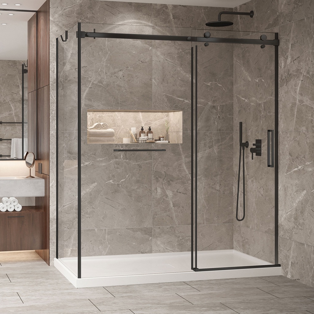 Porte de douche Bellini noir mat 72x32" en coin avec fermeture sur mur avec barre à serviette