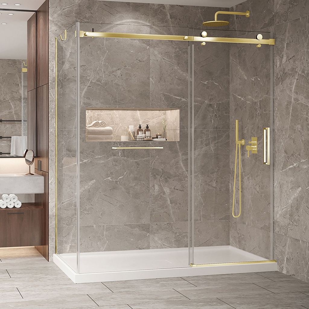 Porte de douche Bellini or brossé 72x42" en coin avec fermeture sur mur avec barre à serviette