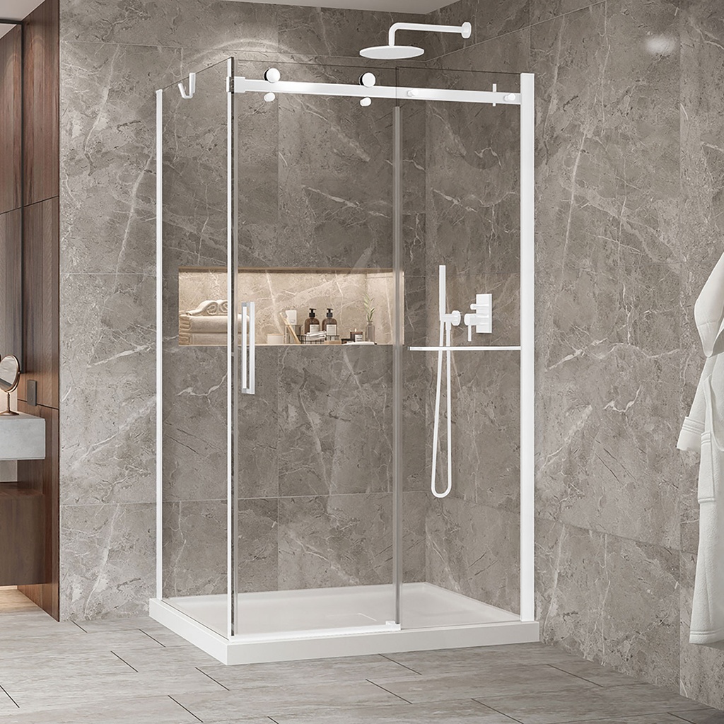 Porte de douche Bellini blanc mat 48x32" en coin avec fermeture sur panneau de retour avec barre à serviette