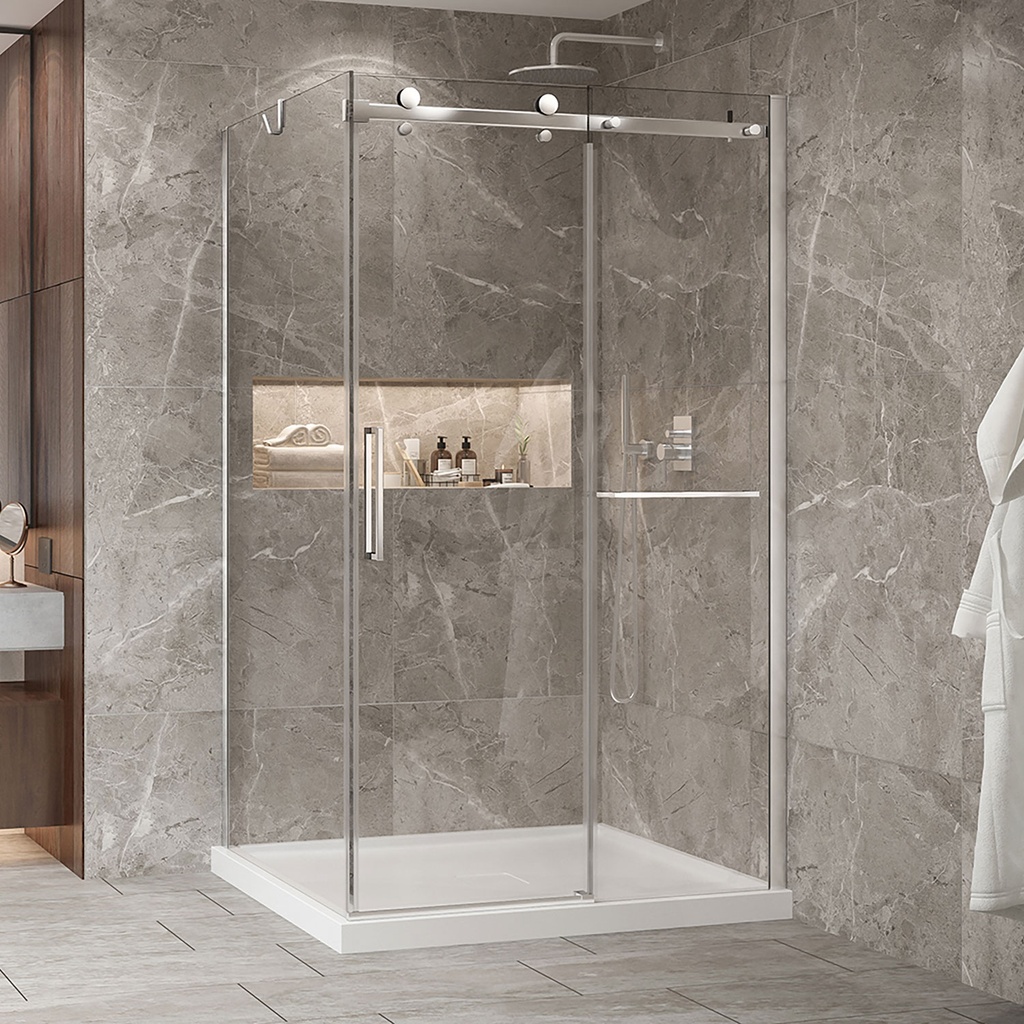 Porte de douche Bellini chrome 54x36" en coin avec fermeture sur panneau de retour avec barre à serviette