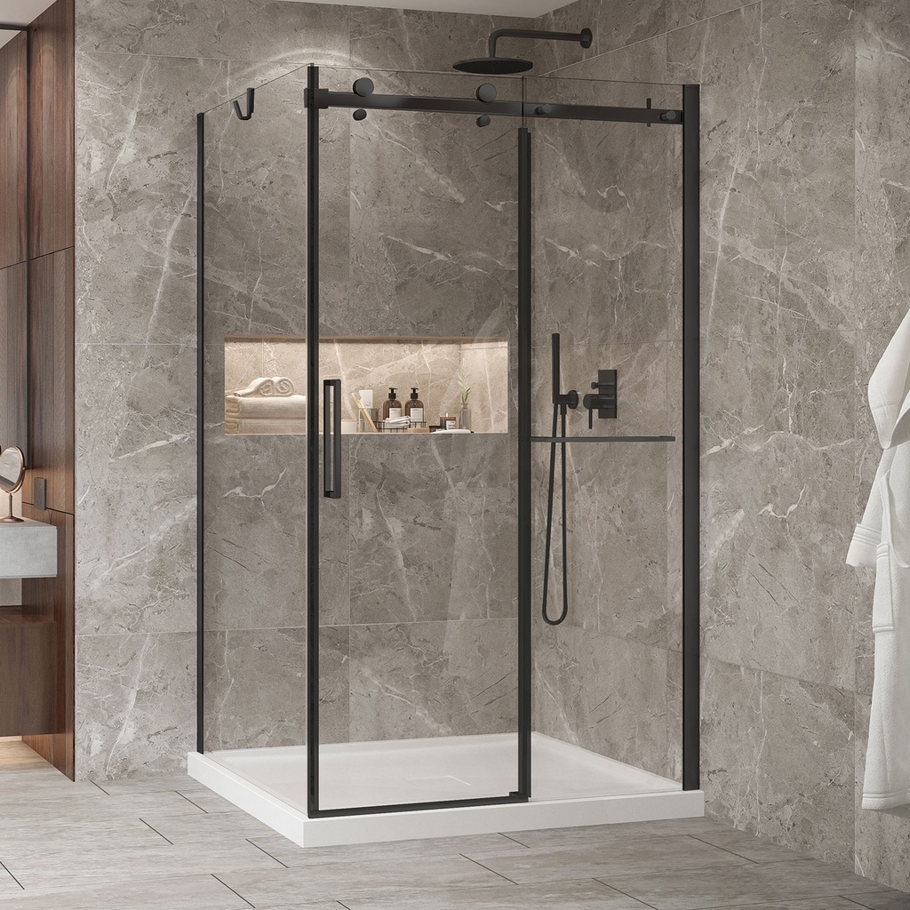 Porte de douche Bellini noir mat 54x36" en coin avec fermeture sur panneau de retour avec barre à serviette