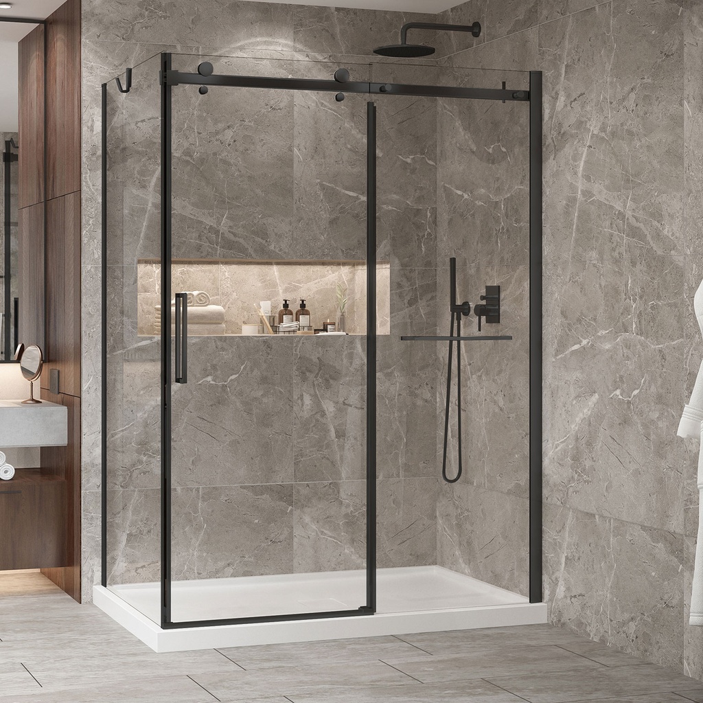 Porte de douche Bellini noir mat 60x32" en coin avec fermeture sur panneau de retour avec barre à serviette