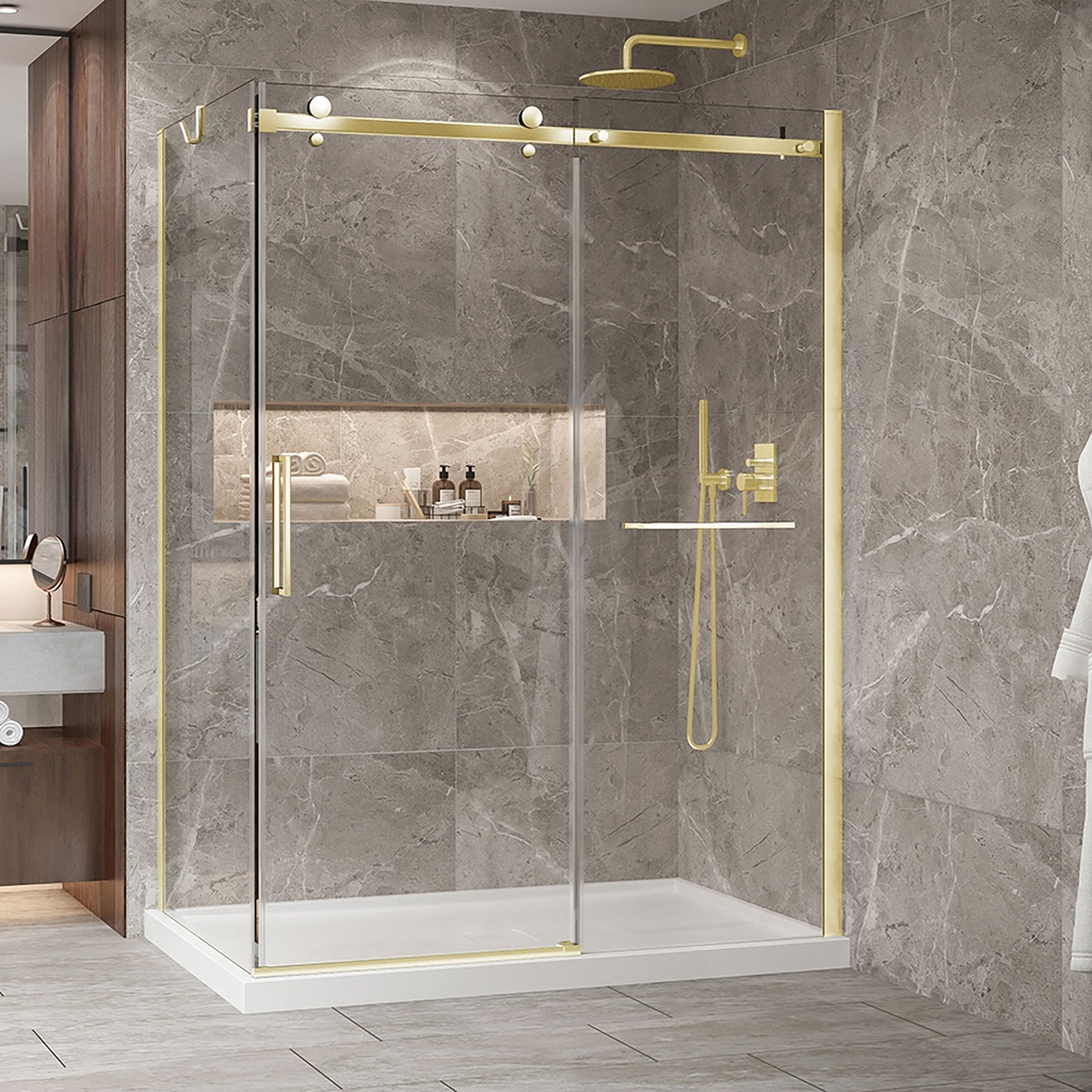 Porte de douche Bellini or brossé 60x42" en coin avec fermeture sur panneau de retour avec barre à serviette