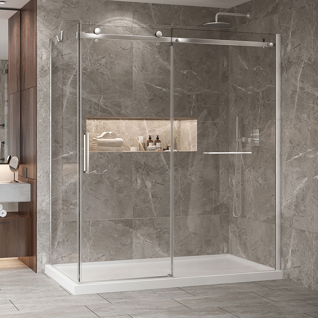 Porte de douche Bellini chrome 72x42" en coin avec fermeture sur panneau de retour avec barre à serviette