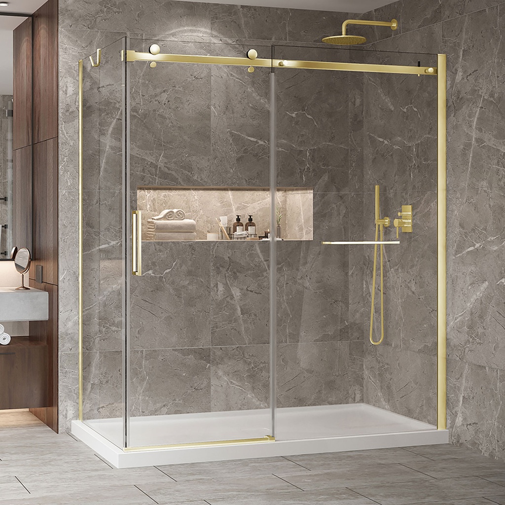 Porte de douche Bellini or brossé 72x42" en coin avec fermeture sur panneau de retour avec barre à serviette