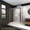 Porte de douche Bellini chrome 48x36" en coin, mur à gauche, porte à droite, avec fermeture sur panneau de retour avec colonne de douche