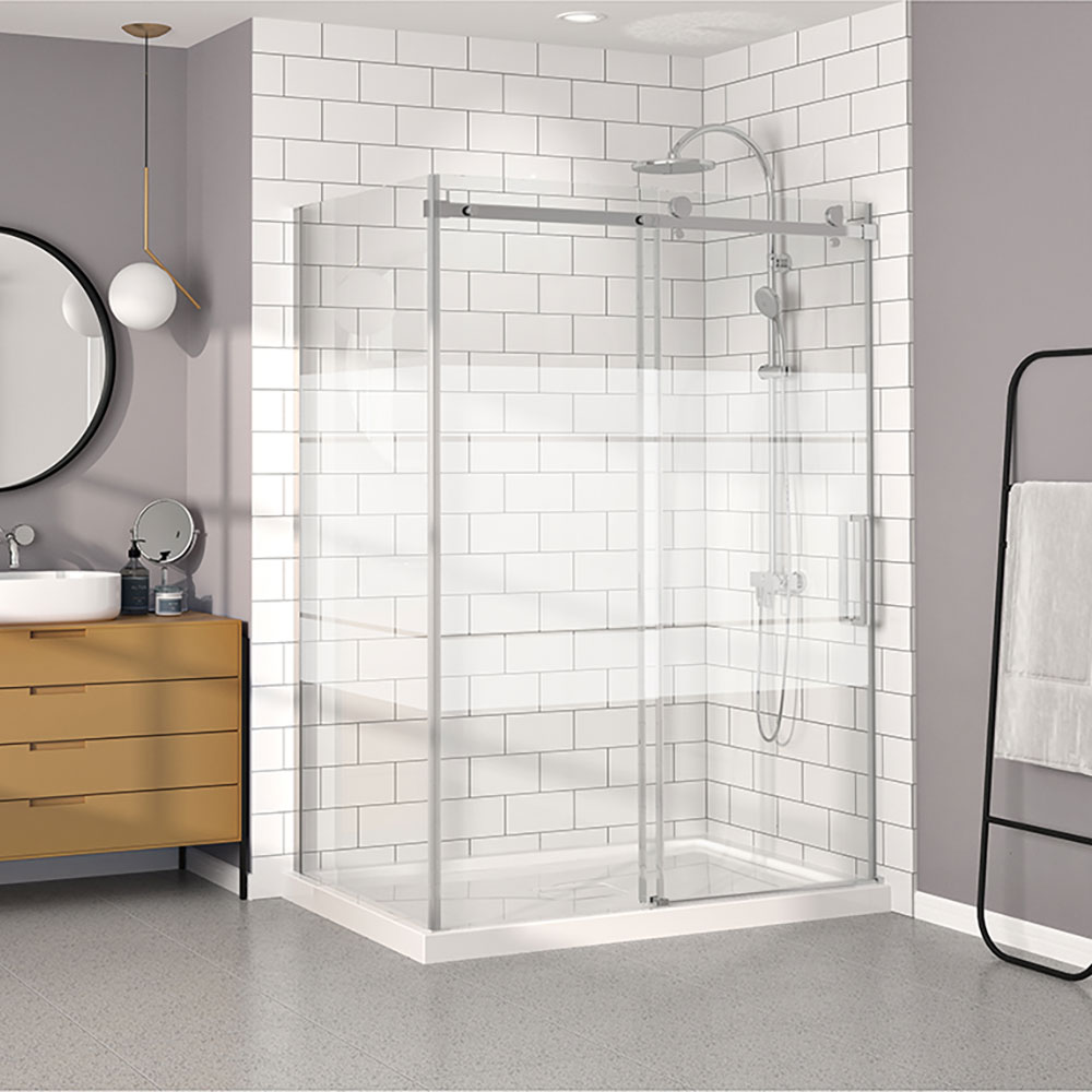 Porte de douche Bellini chrome 60x32" en coin avec fermeture sur mur, porte à droite sans barre à serviette avec verre givré