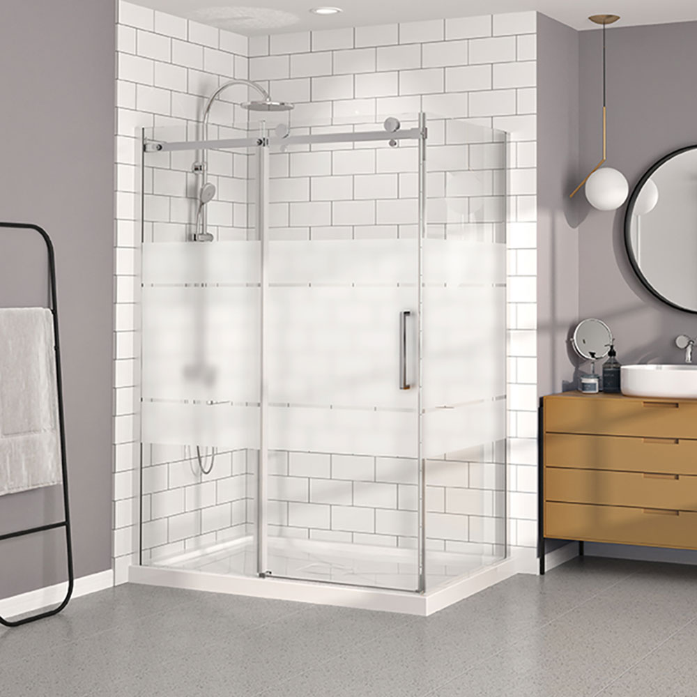 Porte de douche Bellini chrome 60x32" en coin avec fermeture sur retour, porte à droite sans barre à serviette avec verre givré