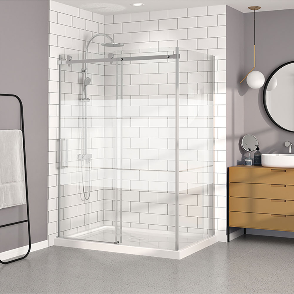 
Porte de douche Bellini chrome 60x36" en coin avec fermeture sur mur, porte à gauche sans barre à serviette avec verre givré