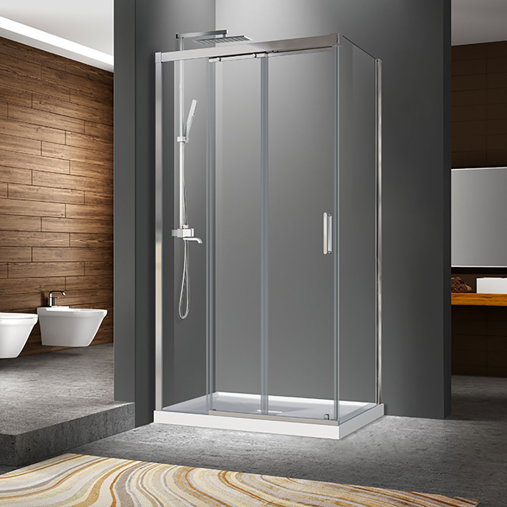 Porte de douche Caldara chrome 42x32" en coin avec fermeture sur panneau de retour