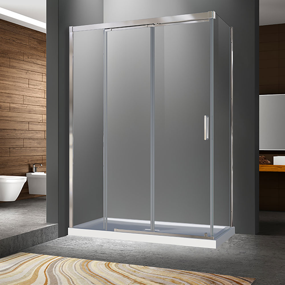 Porte de douche Caldara chrome 54x32" en coin avec fermeture sur panneau de retour