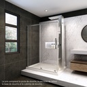 Porte de douche Bellini chrome 48x36" en coin, mur à gauche, porte à droite, avec fermeture sur panneau de retour avec colonne de douche