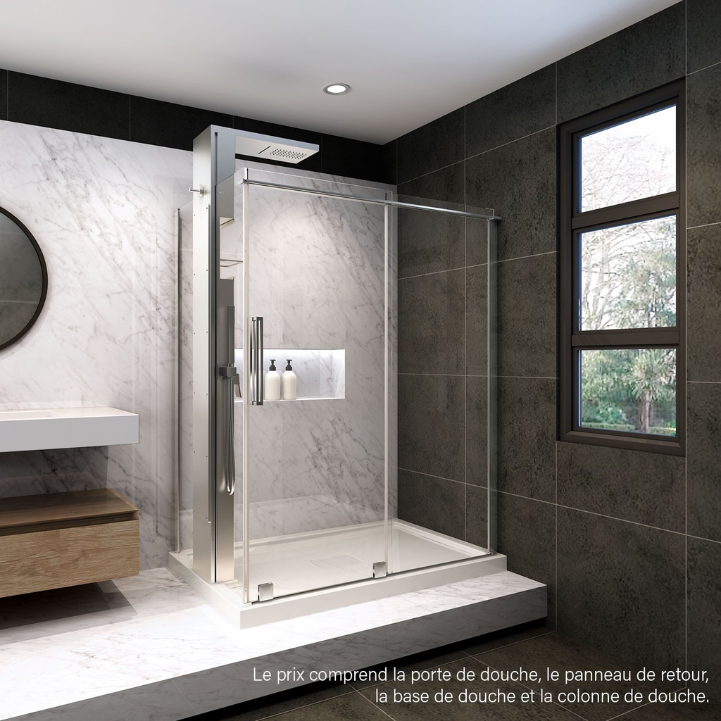 Porte de douche Bellini chrome 60x36" en coin, mur à droite, porte à gauche, avec fermeture sur panneau de retour avec colonne de douche