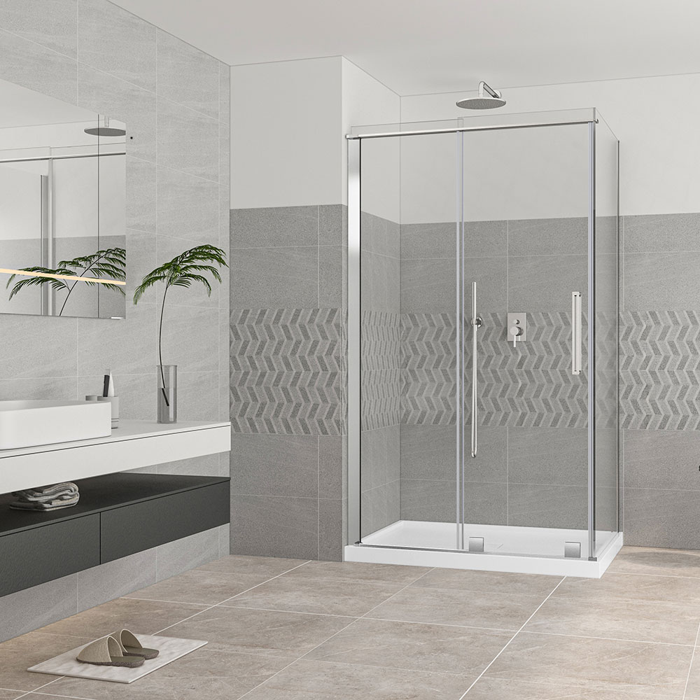 Porte de douche Quadro chrome 48x32" en coin avec fermeture sur panneau de retour