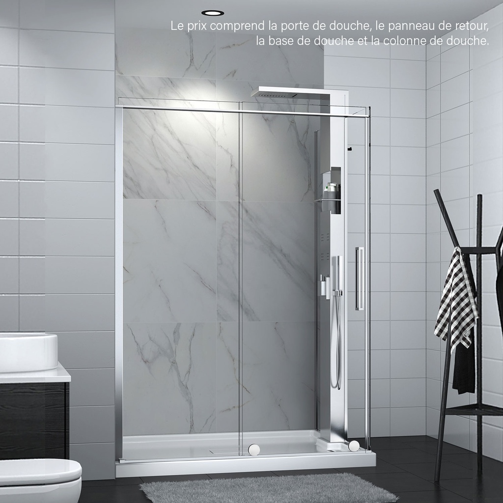 Porte de douche Slim chrome 48x36" en coin, mur à gauche, porte à droite, avec fermeture sur panneau de retour avec colonne de douche