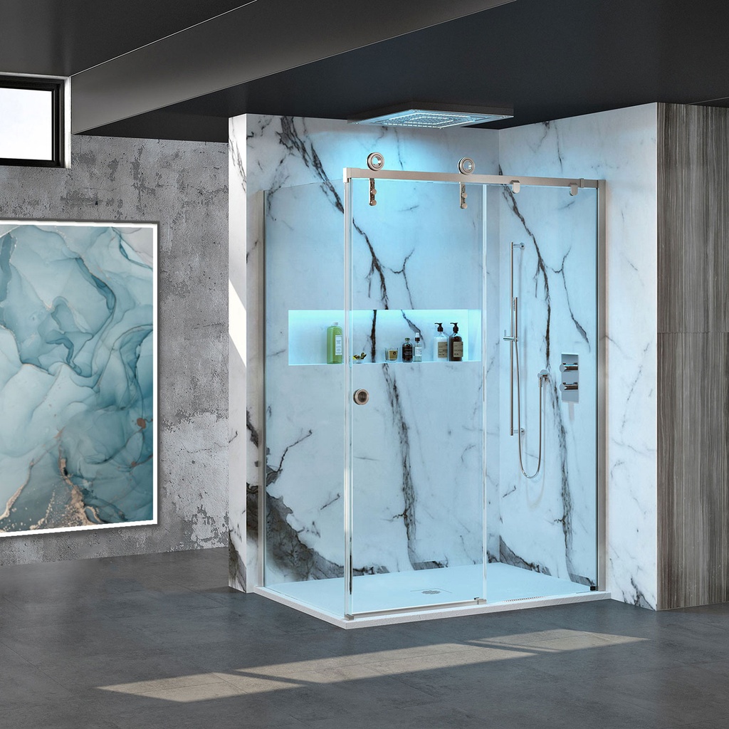 Porte de douche Tron inox brossé 48x32" en coin avec fermeture sur panneau de retour