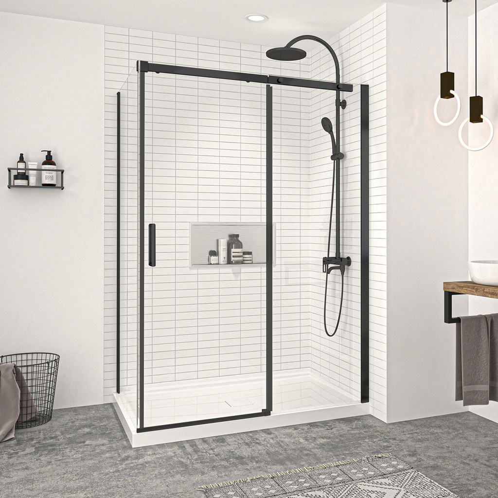 Porte de douche Vague noir mat 54x36" en coin avec fermeture sur panneau de retour