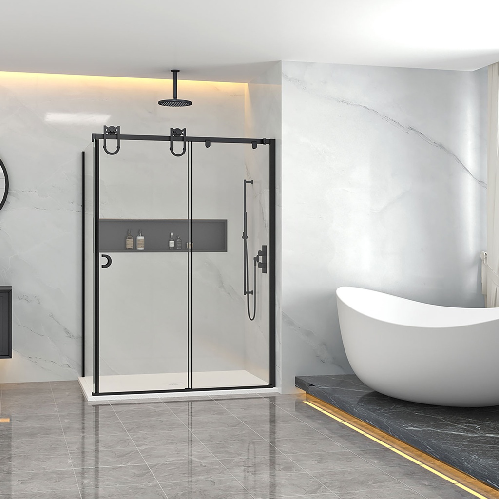 Porte de douche Barn noir mat 48x36" en coin avec fermeture sur panneau de retour