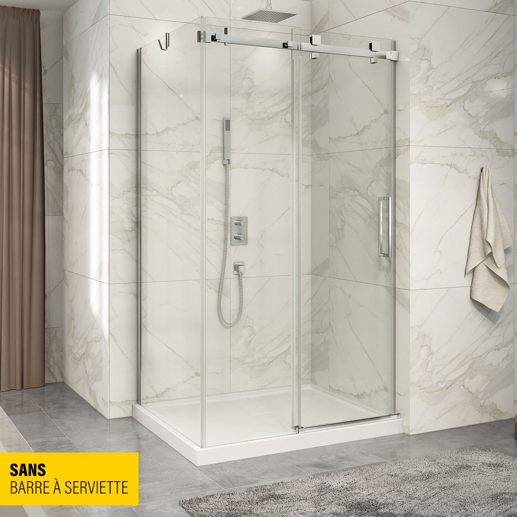 Porte de douche Piazza chrome 48x32" en coin avec fermeture sur mur sans barre à serviette