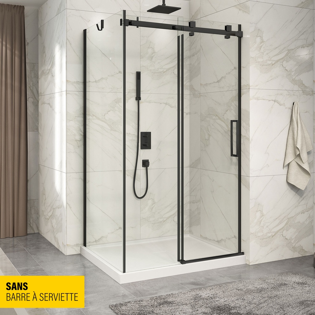 Porte de douche Piazza noir mat 48x32" en coin avec fermeture sur mur sans barre à serviette