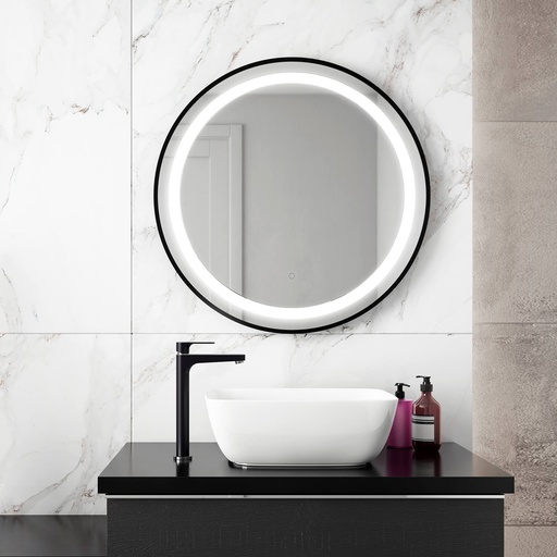 [MR1782-570-001] Effect Miroir Rond à Éclairage Del avec Bande Givrée, Cadre Noir et Interrupteur Tactile pour Contrôle de Température de Couleur Ø30 X 1¾