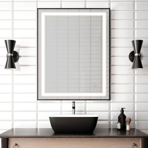 [MR1784-570-001] Effect Miroir Rectangulaire à Éclairage Del avec Bande Givrée, Cadre Noir et Interrupteur Tactile pour Contrôle de Température de Couleur 30 X 38 X 1⅝