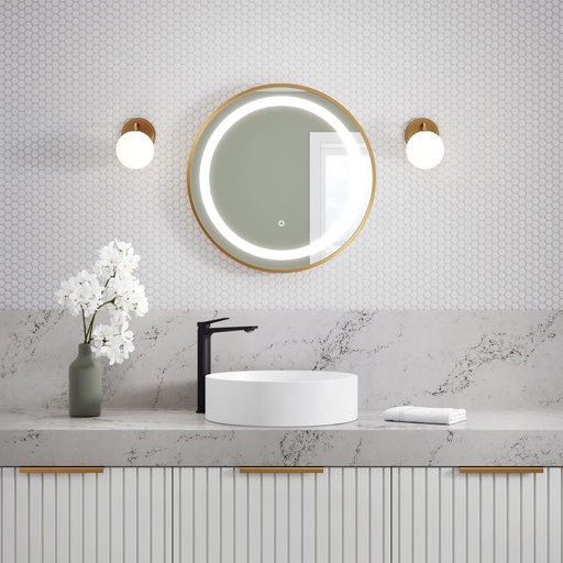 Effect Miroir Rond à Éclairage Del avec Bande Givrée, Cadre Or Brossé et Interrupteur Tactile pour Contrôle de Température de Couleur Ø24 X 1¾