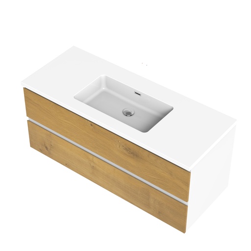 Meuble-lavabo Mural Sidney 48" Blanc Mat et Façades en Chêne Naturel avec Dessus Au Choix