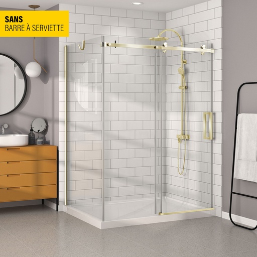 [KDB1604200WSTC51] Porte de douche Bellini or brossé 60x42" en coin avec fermeture sur mur sans barre à serviette