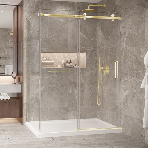 Porte de douche Bellini or brossé 60x42" en coin avec fermeture sur mur avec barre à serviette