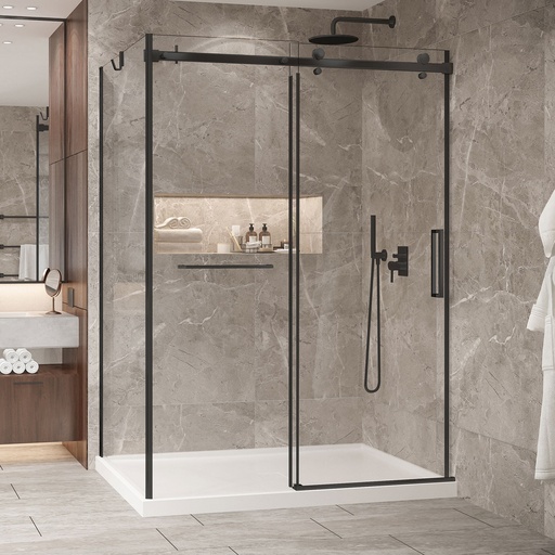 Porte de douche Bellini noir mat 60x42" en coin avec fermeture sur mur avec barre à serviette