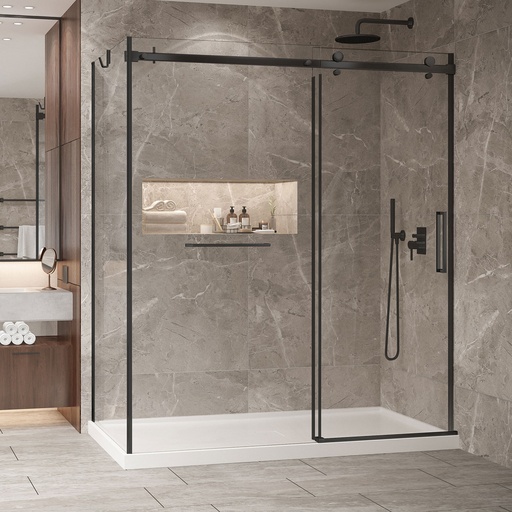 [KDB2723200WSTC71] Porte de douche Bellini noir mat 72x32" en coin avec fermeture sur mur avec barre à serviette