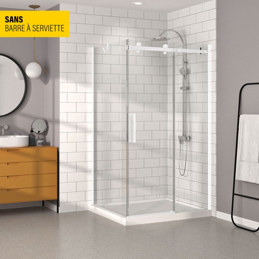 [KDB1483200ASTC11] Porte de douche Bellini blanc mat 48x32" en coin avec fermeture sur panneau de retour sans barre à serviette