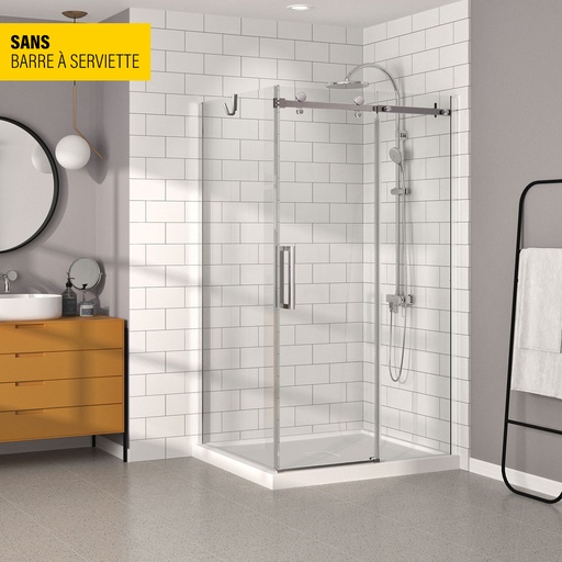 [KDB1483200ASTC21] Porte de douche Bellini chrome 48x32" en coin avec fermeture sur panneau de retour sans barre à serviette