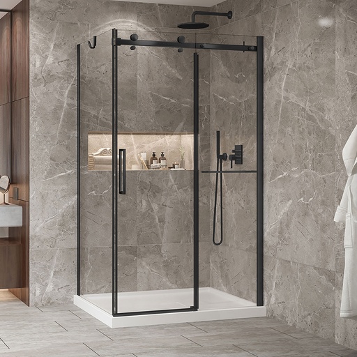 [KDB2483200ASTC71] Porte de douche Bellini noir mat 48x32" en coin avec fermeture sur panneau de retour avec barre à serviette