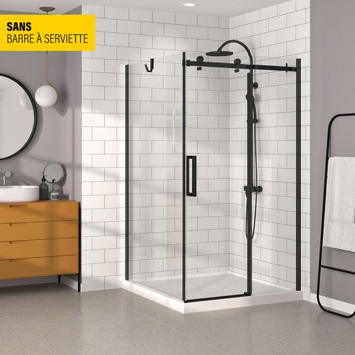 [KDB1484200ASTC71] Porte de douche Bellini noir mat 48x42" en coin avec fermeture sur panneau de retour sans barre à serviette