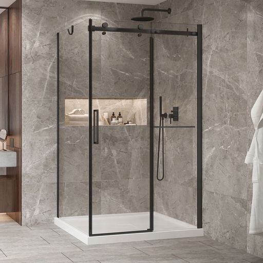 [KDB2484200ASTC71] Porte de douche Bellini noir mat 48x42" en coin avec fermeture sur panneau de retour avec barre à serviette