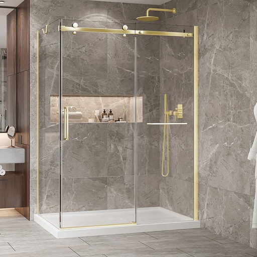 Porte de douche Bellini or brossé 60x32" en coin avec fermeture sur panneau de retour avec barre à serviette