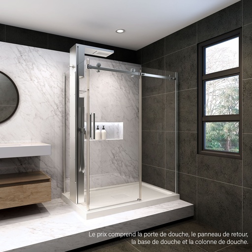 [KDBL483600ASTC2B] Porte de douche Bellini chrome 48x36" en coin, mur à droite, porte à gauche, avec fermeture sur panneau de retour avec colonne de douche