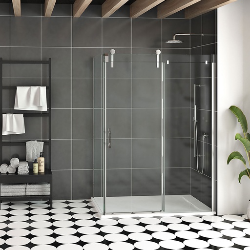 Porte de douche Infinite chrome 60x42" en coin avec fermeture sur panneau de retour