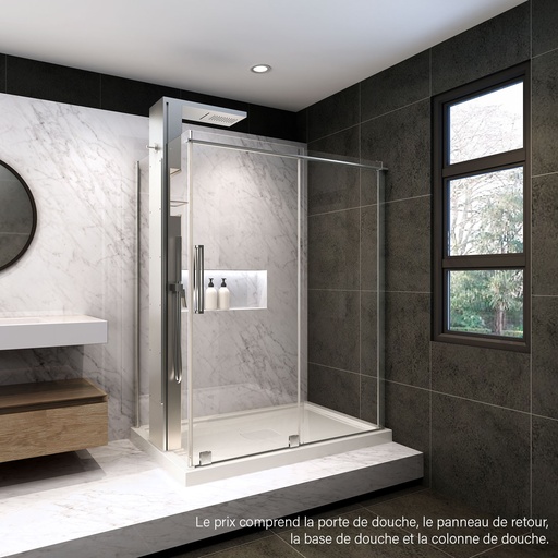 [KDQA483600ASTC2B] Porte de douche Bellini chrome 48x36" en coin, mur à droite, porte à gauche, avec fermeture sur panneau de retour avec colonne de douche