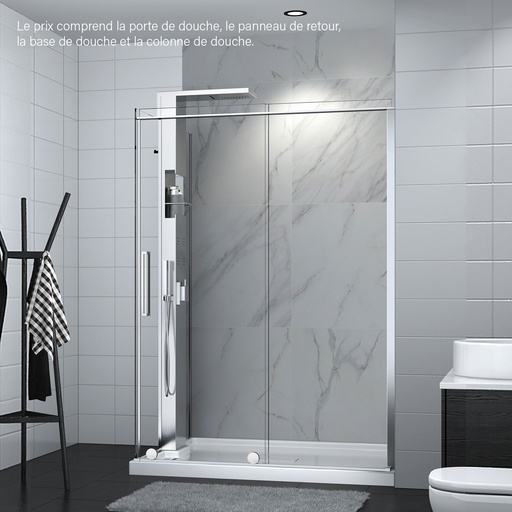 [KDSI483600ASTC2B] Porte de douche Slim chrome 48x36" en coin, mur à droite, porte à gauche, avec fermeture sur panneau de retour avec colonne de douche