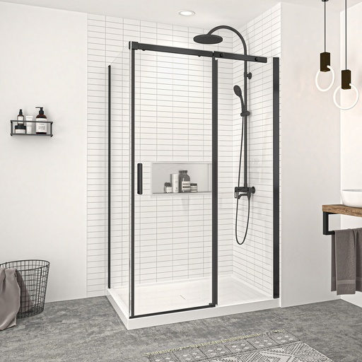 Porte de douche Vague noir mat 48x32" en coin avec fermeture sur panneau de retour